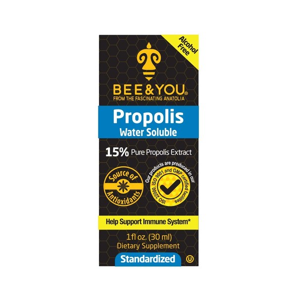 Bee and You 15% Pure Propolis Water Soluble Extract - High Potency - Zero Sugar - Zero Calorie - Natural Immune Support&Sore Throat Relief Antioxidants, Keto, Paleo, Gluten-Free, 1 Fl Oz