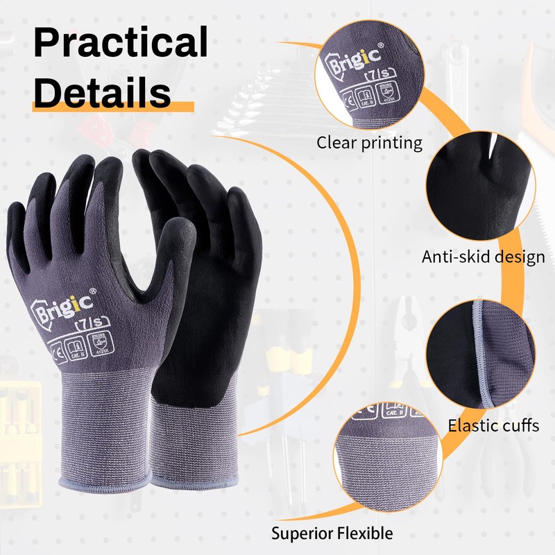Brigic Safety Work Gloves Micro Foam Nitrile Coated, High-density Nylon