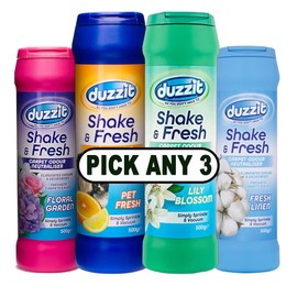 Duzzit Shake & Fresh Carpet Odour Neutraliser 500g – Pick Any 3 –Choose from Lily Blossom, Linen, Pet Fresh – Eliminates Odours, Deodorises & Freshens Carpets & Rugs
