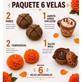 Paquete para altar de muertos 6 velas artesanales cempasuchil, arriz y pan de muerto