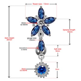 AZARIO LONDON Light Blue Crystal Stone Trendy Flower Design Sterling Silver Belly Bars Piercing