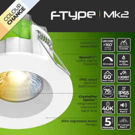 Luceco FType Regressed Mk2 Power Change and 4Colour 2700K, 3000K, 4000K, 6000K Colour Change Temperature Downlight, 4W/6W, IP65 Rated, White