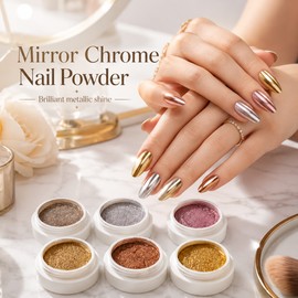 6-Piece Chrome Nail Powder Set for Manicure Art – Metallic Mirror Pigments for UV Gel, Acrylic & Nail Designs