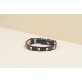 SCAMPER & CO Bronze 18K Yellow Gold Plated Buckle Genuine Leather with Microfiber Bejeweled Pyramid Stud Dog Collar - Luxe Pyramid Stud Detailing Gold Tone Pet Collar for Pet Lovers, 16 inch Navy Blue
