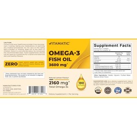 Vitamatic Triple Strength Omega 3 Fish Oil 3600mg Per Serving, 2160mg Omega 3 Fatty Acids, 1296mg EPA + 864mg DHA, Burpless Lemon Flavor, 180 Softgels- 2 Pack