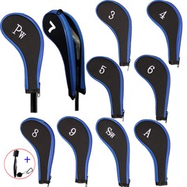 EDATOFLY Pack of 10 Club Head Covers for Iron Headcovers Golf Long Neck with Number Print and 1 Piece Golf Brush (Black + Blue)