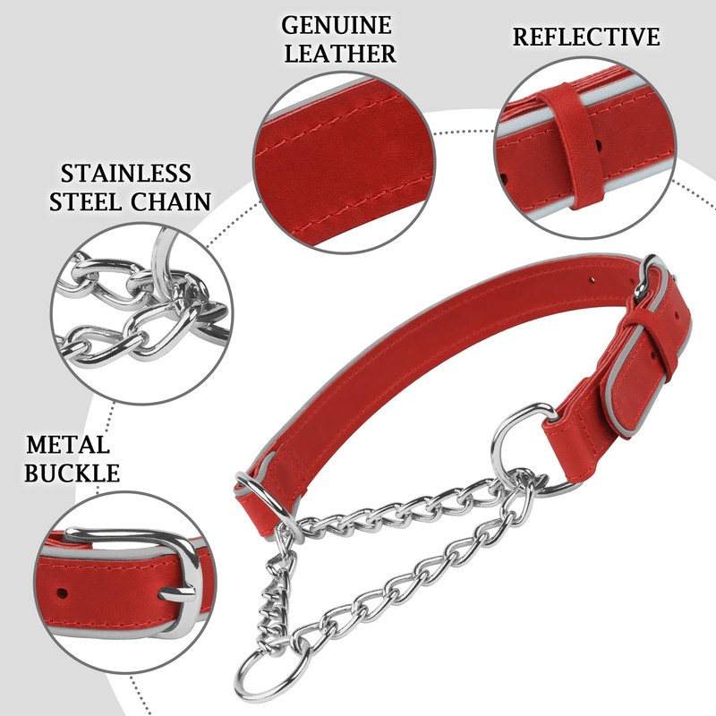 OOPSDOGGY Leather Martingale Dog Collar - Reflective Adjustable No Pull