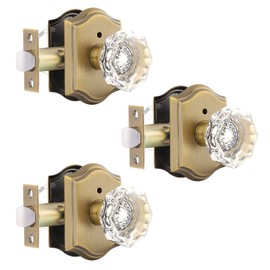 Gobrico 3 Pack Privacy Crystal Glass Door knobs with Lock,Heavy Duty Door Locksets with Diamond Crystal Knob,Keyless Door Handles for Bathroom Bedroom,Antique Brass Plate
