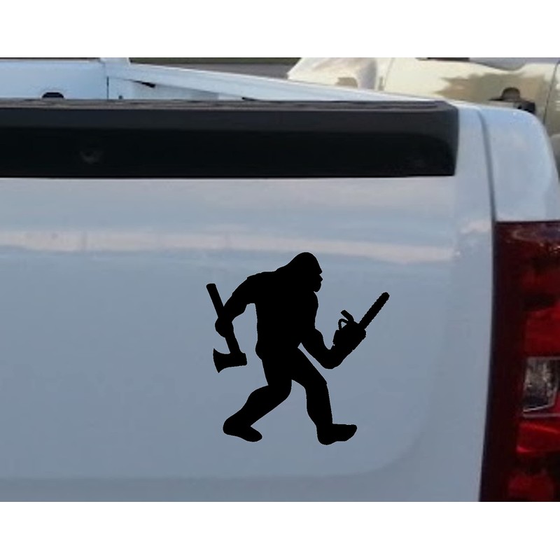 Bigfoot Lumberjack Logger with Axe and Chainsaw Black Decal Sticker
