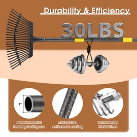 Leaf Rake 18” Wide Heavy Duty Metal 25 Tines Garden Rake Set with 30-75” Adjustable Long Handle for Yard Grass Shrub Mulch Including 32Gallon Garden Bag Leaf Scoops