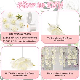 Glitinsel 50 Set Artificial Rose Hanging Flower Decorations DIY Flaoating Flower Garland Hanging Flowers from Ceiling Dangling White Rose Strings for Wedding Baby Shower Birthday Floral Party Decor