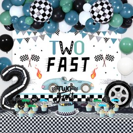 Two Fast 2nd Birthday Decorations for 2 Year Old Boy, Racing Car Theme 2nd Birthday Party Supplies - Vintage Blue Green Balloons Garland Kit Two Fast Checkered Backdrop