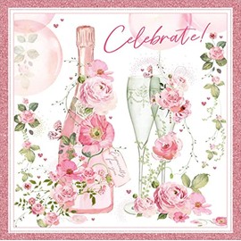 Nigel Quiney General Female Blank/Birthday Card for Women - Pink Floral Champagne Bottle & Glasses and Pink Foil - Eco-Friendly & Recyclable - Made in Britain