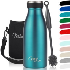 Milu Stainless Steel Drink Bottle, Vacuum Flask for Children and Adults, Leak-Proof, Insulated Flask, Suitable for Carbonated Drinks, 350 ml, 500 ml, 750 ml, 1 L, 1.5 L, incl. Cleaning Brush, Green,