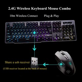 Rechargeable Gaming Keyboard Mouse Combo,2.4G Wireless Backlit Mechanical Feeling Ergonomic Keyboards with Optical Mice Set for Computer Game (Black)