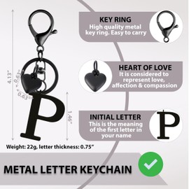 ANHBKAR Stainless Steel Black Alphabet Keychain A-Z for Women, Girls - Cute Initial Letter Accessories with Key Ring, Heart for Purse, Bag Charms and Backpack (P BLACK)