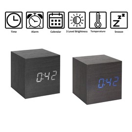 Lancoon Wooden Alarm Clock - Mini Cube LED Digital Clock with Time/Date/Temperature Display, 3 Levels Brightness and Voice Control Great for Home Office Travel - AC10Black_Blue