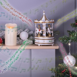 mysmartbuy.com White & Gold Wooden Carousel Music Box Christmas Decoration – Fully Mechanical Rotating Festive Xmas Home Decor Ornament for Table, Windowsill, Fireplace – Measures H23 x 14cm Diameter