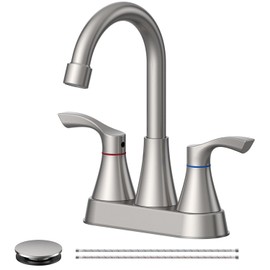 Brushed Nickel Bathroom Faucet 3 Hole, Evolvegoods 4 Inch Stainless Steel Bathroom Sink Faucet, 2 Handle Centerset Faucet for Bathroom Sink Vanity, with Pop Up Drain and 2 Supply Hoses