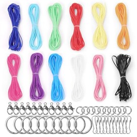 Wokape 5 Metros/5.47 Yardas de Cordón de Plástico, 12 Colores de Cordón con Anillas para Llaveros, Clips y Pinzas de Langosta, Juego de Cordones Elásticos de Colores Brillantes para Llaveros, Pulseras, Abalorios y Bisutería, DIY Craft