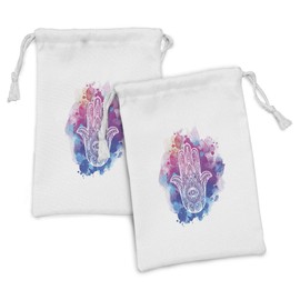 Ambesonne Evil Eye Fabric Pouch Set of 2, Ornate White Hand Drawn Hamsa on Watercolor Splashes Energetic Print, Small Drawstring Bag for Toiletries Masks and Favors, 9" x 6", Pink Blue White