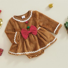 FIOMVA My First Christmas Baby Girl Outfit Newborn Velvet Ruffle Romper Dress Infant Bodysuit Cute Fall Winter Clothes (E Gingerbread Light Brown,12-18 Months)