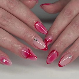 Press on Nails Medium Almond SWEKKE Pink French Tip Fake Nails False Nails with Designs Rhinestones Gradient Glossy Glue on Nails Acrylic Nails for Women Girls 24 Pcs