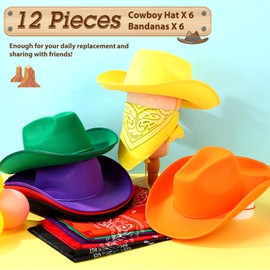 Coume 6 Sets Adult Cowboy Hat for Women and Men Western Cowgirl Hats with Adjustable Drawstring and Cowboy Party Paisley Bandana (Mix Color)