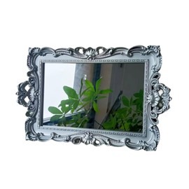 Yamfurga Shell Rectangle Decorative Mirror Tray, French Style, Makeup Organizer, Jewelry Organizer, Serving Tray, 9.3"x 14.9", Silver