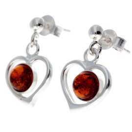 Modern Genuine Natural Cognac Baltic Amber and 925 Sterling Silver Drop Studs Hearts Earrings 5348C