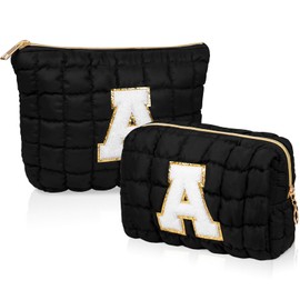 2PCS Initial Checkered Makeup Bag, Quilted Cosmetic Bag, Cute Make up Pouch for Purse, Travel Toiletry Storage Bag for Women Preppy Teen Girls Gift Trendy Stuff Gift (Black A)