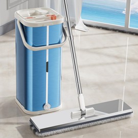 SWIFTIRON Separates Dirty Water Mop, Flat Mop and Bucket for Home with 4 Extra Refills, Stainless Steel Mop and Bucket with Wringer (Blue)