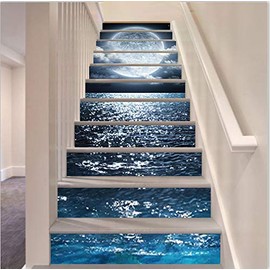 FLFK 3D Bright Moon Light on The Sea Self-Adhesive Stair Stickers Stair Riser Stickers Wall Murals Home Decor 39.3" w x 7" h x 13PCS