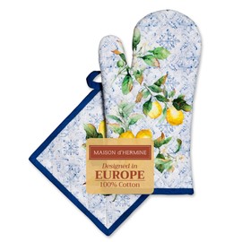 Maison d' Hermine 100% Cotton Oven Mitt & Pot Holder Set (7.5"x13" & 8"x8") Heat Resistant BBQ Cooking Gloves with Loop, Baking, Grilling, Kitchen, Handling Hot Pans Spring/Summer (Citrus)