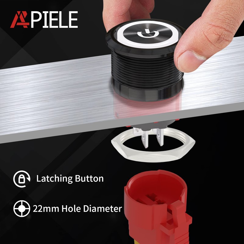APIELE 22mm Latching Push Button Switch 12V 10A Power Symbol