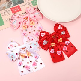 3PCS Valentine’s Day Hair Bow Clips for Women Conversation Heart Hair Clips Jeweled Crystal Hair Bows Stain Red Pink Hair Ribbon Bow Barrettes Valentine’s Day Outfits Accessories Gifts