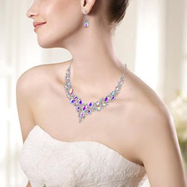 BriLove Wedding Women's Bridal Jewelry Set Austrian Crystal Teardrop Cluster Statement Necklace Dangle Earrings Iridescent AB Silver-Tone