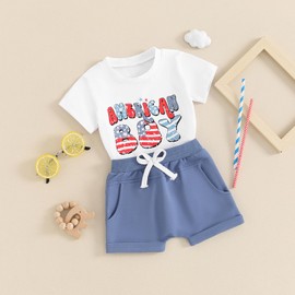 Toddler Boy Summer Clothes American Boy Shirt Elastic Shorts Outfit 2Pcs Patriotic Baby Boys Clothing Set 6M-4T (American Boy-White, 12-18 Months)