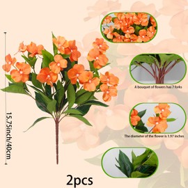FAICOIA 2 Pcs Artificial Impatiens Flowers for Outdoors Silk Flowers Bushes Greenery Bouquet Orange Faux Impatiens for Outdoor Planters Patio Lawn Garden Pot Hanging Basket Porch Home Fall Decoration