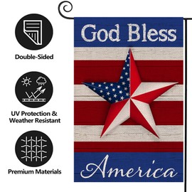 Texupday God Bless America Patriotic Star Decoration Memorial Day Double Sided Burlap Garden Flag Rustic America Independence Day July 4th Farmhouse Party Outdoor Yard Banner 12" x 18"
