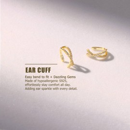 KRFY 2Pcs Adjustable Ear Cuff S925 Sterling Silver Ear Cuffs Non Piercing Cuff Earrings for Women Gold 5A Cubic Zirconia Clip On Cartilage Helix Conch Fake Earrings Hypoallergenic