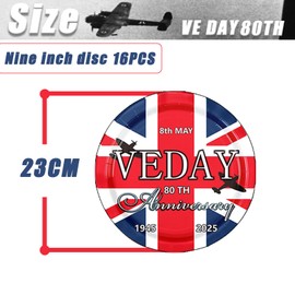 16Pcs VE Day 80th Anniversary Decorations Party Plates, 9inch VE-Day Party Tableware Paper Plates, 80 Years VictoryIn Europe plate for Celebrate VE-Day 80 Years WWII Victory Commemorative Table Decor