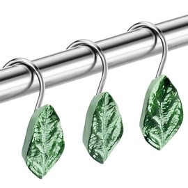 12PCS Shower Curtain Decor Hooks, Plant Eucalyptus Flower Leaf Stainless Steel Hooks Cute Shower Curtain Rings Bathroom Accessories (Green Leaf)