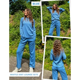Ekouaer Waffle Knit Pajamas for Women Set Long Sleeve Pants Pj Henley Tops Lounge Sets Comfy Sleepwear with Pockets Blue L