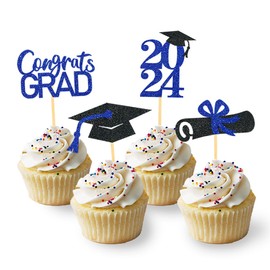 24Pcs Graduation Cupcake Toppers, Graduation Cupcake Picks for Cupcake Food Decorations - Class of 2024 Graduation Cupcake Toppers Supplies (Blue)