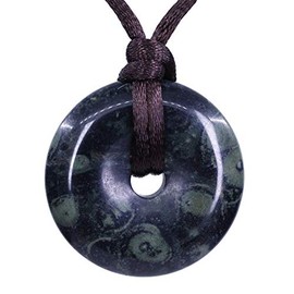 Keleny Natural Kambaba Jasper Gemstones 30mm Circle Peace Donut Beads Adjustable Braided Rope Pendant Necklace