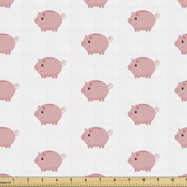 Ambesonne Pig Fabric by The Yard, concepto de siluetas continuas de cerdo con colas de remolino sobre un fondo liso, tela decorativa para tapicería y detalles del hogar, 1 yarda, rosa y blanco