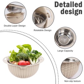 Gzsekken 2 Layer Rotatable Colander Bowl Set 4-1 Stainless Steel Colander with Mixing Bowl Set,Plastic Washing Basket Mixing Bowl Vegetable Slicer,Kitchen Food Washing Drain Colander - Beige