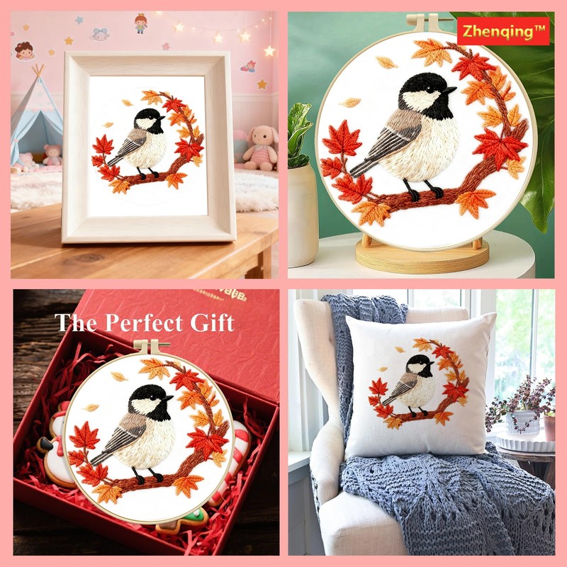 Zhenqing Black-Capped Chickadee Embroidery Kit for Beginners, Autumn Bird Needlework