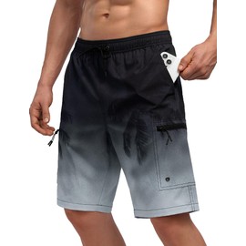 Vogyal Mens Printed Swim Trunks with Compression Liner Zipper Cargo Pockets Bathing Suit Quick-Dry Swimwear, Gradient-Black & Grey, Medium